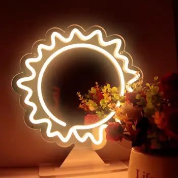 Неонови Надписи Sun Mirror за Декора на Стените, Led Огледална Акрилна Неонова реклама във Формата На Слънце С Регулируема Яркост С Основа и Ключ Яркост, Захранване от USB