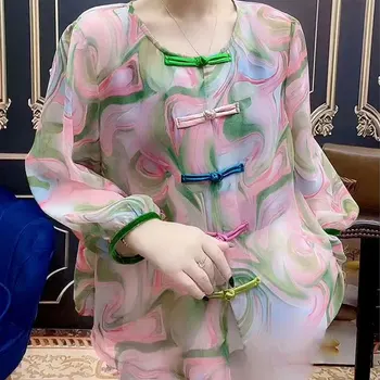 Реколта блуза с народните принтом, дамски дрехи за пътуване до работа, дълъг ръкав, пролет-есен, ежедневни модерна риза с кръгло деколте и тока в китайски стил