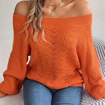 Есенно-зимния женски пуловер, обикновен, с деколте в една линия, с открити рамене, пуловер-фенер с дълъг ръкав, възли върховете