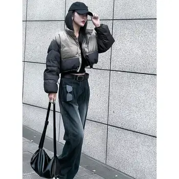 Дамско зимно яке, къси топло памучен яке с цветни елементи, Нова Корейска версия на модерния универсален памук палта якета