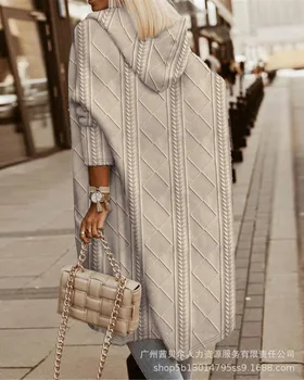 Ново дамско дълго палто 2023 г., текстурированное палто с качулка от пшеничен колоса за жени