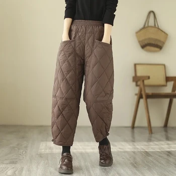 Дамски есен-зима обикновена пухени панталони с формата на диамант, памучни панталони в стил ретро с голям джоб, дебели топли панталон с еластична талия на лигавицата.