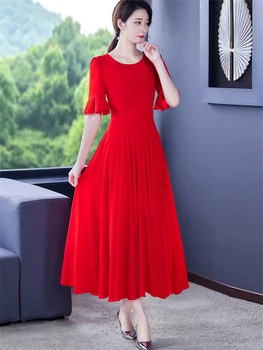 Однотонное шифоновое рокля Женски Пролет Лято 2023, ново червено винтажное Супер Страхотна дълга плажна рокля