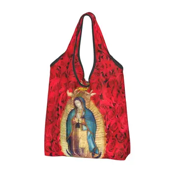 Гуадалупская Дева Мария с цветя, чанта за пазаруване на хранителни стоки, чанта-тоут за пазаруване, чанта през рамо, преносима католическата чанта с голям капацитет