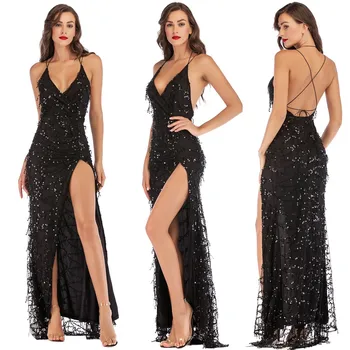 Елегантна Макси рокля с пайети, с открити рамене, женски 2023, секси дълга рокля с цепка на спагети презрамки, с дълбоко V-образно деколте, женствена рокля за абитуриентски, вечерни рокли