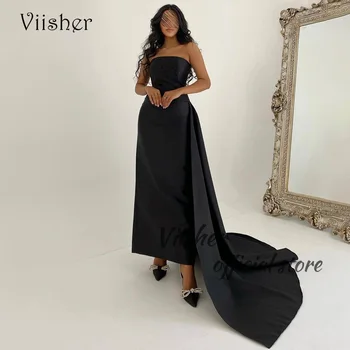 Вечерни рокли Viisher Black Mermaid без презрамки от моно-сатен, дълга вечерна рокля от Дубай с влак, Арабско вечерна рокля за абитуриентски бал