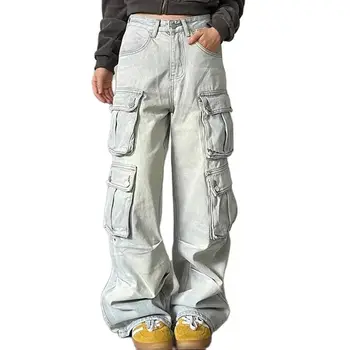 Дънки Longgar Multi Saku Warna Solid Celana Jeans Wanita High Street Ретро Хип-хоп Celana Kaki Lebar Jeans Tinggi Lurus Kasual