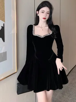 Реколта Черно кадифе, мини рокли за партита Франция Елегантен Бала Цели дамски дрехи Есен-Зима на Жените рокли