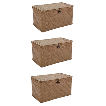 3X Плетените от слама кошница за съхранение на ръчна работа с капак, органайзер за грим, Кутия за съхранение на кошници за бельо, в ковчег за бижута от ратан (M)