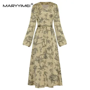 Модерно дизайнерско есен женствена рокля MARYYIMEI с V-образно деколте и ръкав-фенерче дантела, реколта елегантни рокли с чернильным принтом