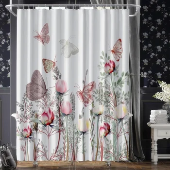 Тъканни завеси за душ с пеперуди и цветя в ретро стил за баня, завеси за баня с ботанически листа, пролетната природа, пердета за баня