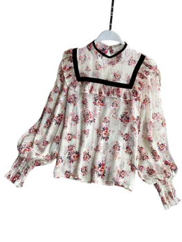 Шифоновая риза с цветен модел в ретро стил, в дворцов стил, пролет-есен, нов стил, Корейски, Японски, Дамски блуза с гофрированным яка, UK093