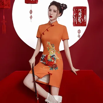 Лятото на 2022, Оранжево, за малко момиче, едно Малко Кратко Подобряване на Модерна Сватбена рокля в китайски стил Ципао за жени