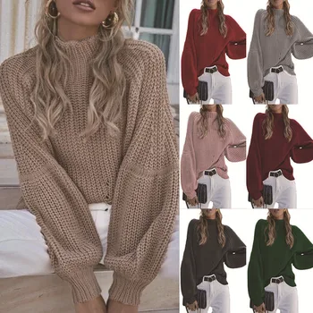 2023 Есен/Зима, Нов Свободен пуловер с висока воротом, вязаный Обикновен пуловер с висока воротом за жени, плътен цвят за есен/зима