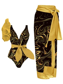 Дамски бански със златни принтом, ретро едно парче бански, наметало, модни къдри, V-образно деколте, плажни дрехи, без табли, Летни плажни Биники