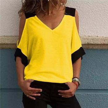 Дамски лоскутная тениска с открити рамене, съкратен отгоре с V-образно деколте и къс ръкав, дамски тениска, ежедневни блузи, дамски 2022