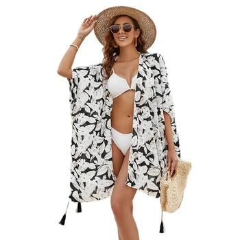 Секси жилетка-кимоно с принтом 2024, всекидневни бански, наметало, Свободни плажни върховете в стил бохо за летни пътувания и почивки