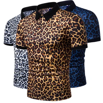 Нова Лятна Ежедневната Мъжка тениска С къс ръкав и отложным яка, Приталенная с модерна риза, Сексуална риза с къси ръкави с леопардовым принтом