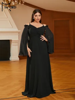 Missord Черен шифон Плюс размера на Рокли за бала Дамски официални рокли с V-образно деколте и изгорени ръкави Елегантна вечерна рокля