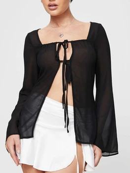 Дамски прозрачна риза с дълги расклешенным ръкав, секси прозрачни блузи с завязками отпред, krop-върхове за излизане на светлина, клубна облекло Y2K в стил Гръндж.