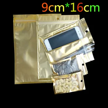 Продажба на едро 9 * 16 см, златен / прозрачна пластмасова опаковка с цип, търговия на дребно опаковка с отвор за окачване