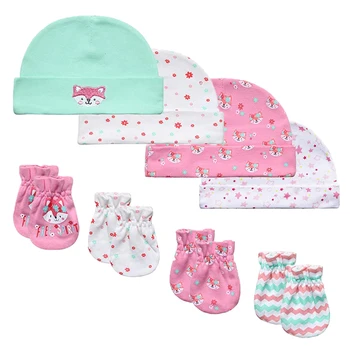 Новороденото 4шт Шапки и 4 чифта варежек Мек памук Модерен стил за малки момичета Детски шапки и Ръкавици