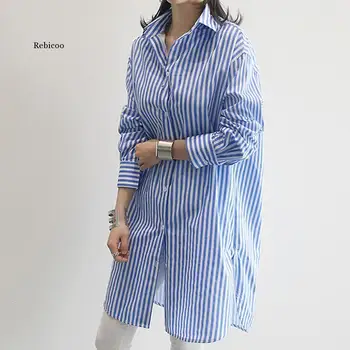 Пролетно-есенни Ежедневните Свободни Дълги ризи, дамски Корея блуза с дълъг ръкав, раирана риза със средна дължина, Блузи, Blusas Mujer, Новост