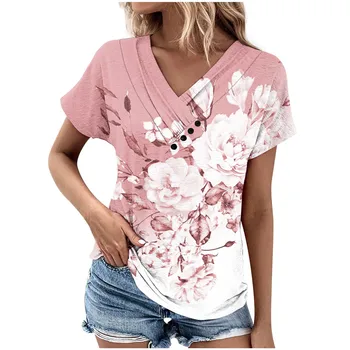Модерен дамски тениски с 3D цветен принтом, блузи с V-образно деколте и копчета, с къс ръкав, дамски тениски, Летни дамски пуловери в стил харадзюку