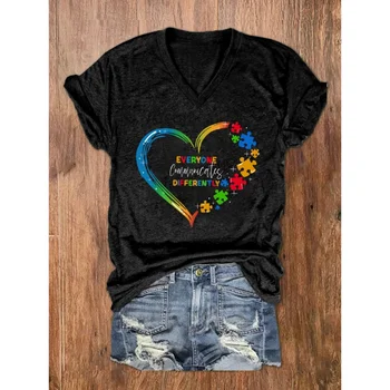 Rheaclots Women ' s Аутизъм Информираност на Всички общуват по различен начин, обичат тениска с V-образно деколте и къс ръкав с принтом-главоблъсканица