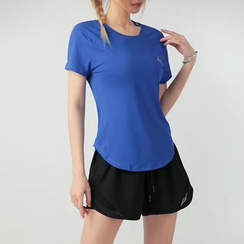 Женски спортен дишащ мрежест топ за йога с къс ръкав, однотонная тениска за фитнес с кръгло деколте, риза за практикуване на бутване