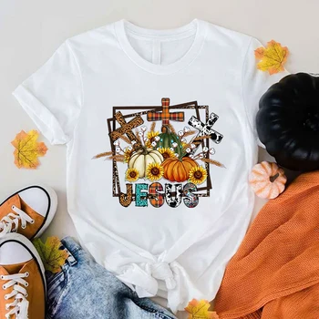 (Тениска премиум-клас) Есенна тениска с принтом Тиква и на Исус, на Женската риза в стил харадзюку, Модни Летни блузи (Бърза доставка)