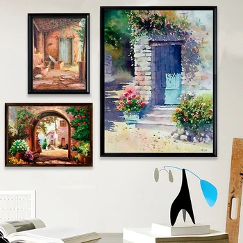 Абстрактен пасторальный Къща, цветя, Един пейзаж, маслени бои, HD Печат върху платно, Градински плакат, стенно художествено изображение за хол