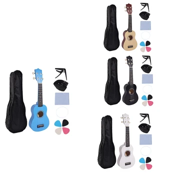 21-инчов набор от хавайски китари за начинаещи, 4-струнен малка китара, ukulele от липа, със скоба за чанти и 4 медиаторами
