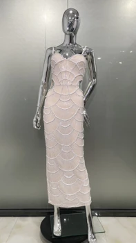 Висококачествено Бельо Секси дебнещ дълга рокля без ръкави с перлата на мъниста и пайети, Елегантна празнична рокля за парти по случай рожден Ден, Vestido