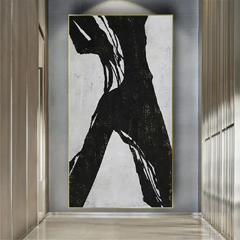 Прост дизайн, Черно-бяла Абстрактна живопис с маслени бои Декор Хол Платно ръчно изработени Стенни изкуство Окачен плакат