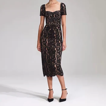 Дизайнерски дрехи за модния подиум, висок клас, женски винтажное Елегантна Черна рокля с дантелено къс ръкав 2023, Корейското Vestido Feminino
