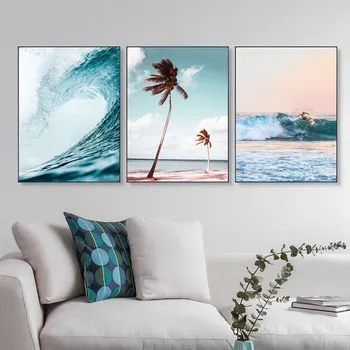 Морски пейзаж Залеза на слънцето върху платно Крайбрежно стенно изкуство Сърфиране Печат Океанските вълни Плакат Картини с природни гледки за хол