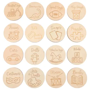 16 бр. Кръгли дървени етикети, Кръгли дървени дискове, декорация във формата на дървен кръг за играчки, етикет за съхранение на кутии, етикети за съхранение украса на детска
