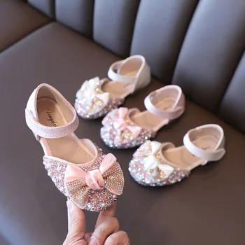 Детски сандали с кристали и лък за момичета Лято 2021 г. Детски обувки за партита принцеса Кожени обувки за малки момичета Плажни сандали 3-1