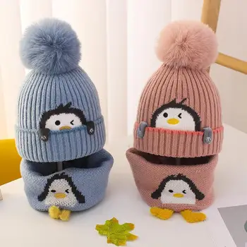 Зимна детска шапка с хубав помпоном Мультяшные Пингвините Детски Възли шапки и Шал Комплект Затопляне Меки Шапки и Шал Аксесоари за момичета и момчета