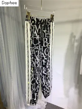 Летни спортни панталони с черни и бели букви, женски шифоновые панталони с дължина по щиколотку, ежедневни панталони с еластичен колан