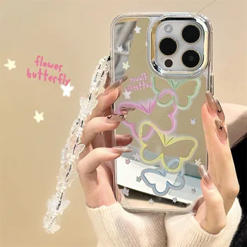 Огледало оцветени гривна пеперуда с прозрачни звезда, калъф за телефон за iPhone 14 13 12 11 Pro Max Plus 12pro, дамски делото с перлата на каишка