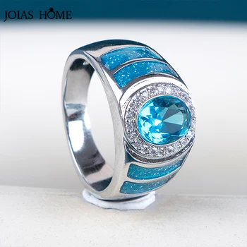 Joiashome класически годежен пръстен от сребро 925 проба със син сапфир, камък с кръгла форма, прекрасни бижута подарък за сватбени партита