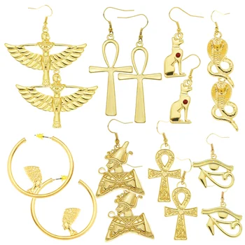 RechicGu, Реколта дамски обеци златен цвят, Древнеегипетская Кралицата, Висулка във формата на кръст, Панделка, Скоба, Амулет, Бижута подарък