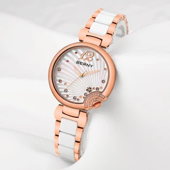Дамски кварцов часовник Berny Lady, керамични гривна, обтегач-пеперуда, Водоустойчиви часовници е от неръждаема стомана, Модерен подарък Relogio Feminino