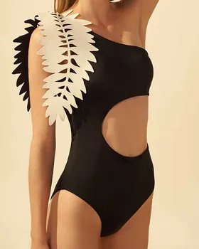 2023 Цял бански с 3D деколте във формата на листа на едно рамо, жената секси, модерно бикини, луксозни бански, Монокини, бански костюм, плажно облекло