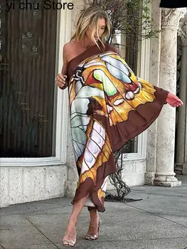 Ново секси плажна рокля с принтом в стил бохо, Секси дълги рокли със скосени рамене, летни дамски накити на бански за пикник
