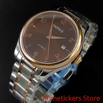 Позлатен 38 мм PARNIS кафяв циферблат дата сапфир кристал автоматично мъжки часовник