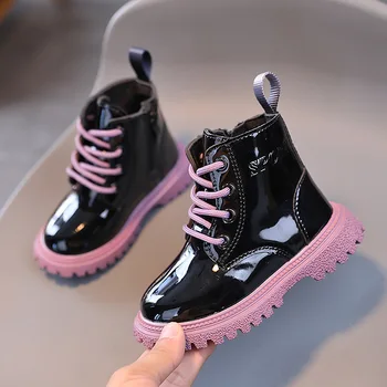 Детски обувки, Модни Детски обувки 2023 Есен Зима Меки Кожени Ботуши за езда Топли кожени Ботильоны за момчета Ежедневни обувки за момиченца