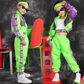 Зелени детски дрехи за танци в стил хип-хоп, костюми за джаз модерни танци за момичета, костюми за флуоресцентни дрехи, детски етап костюми, тоалети